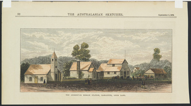 Print, Unknown Artist, The Aboriginal Mission Station, Ramahyuk, Gipps Land, c.1874