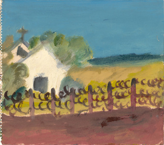 Painting, Sidney NOLAN, Church and barbed wire fence, 1942