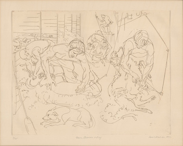 Print, Louis KAHAN, Four shearers and a dog, 1977