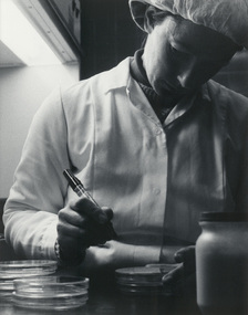 Photograph, John WERRETT, Mrs Jean Worthy coding sterile petri dishes, 1988