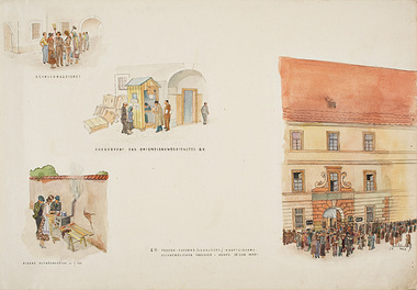 Schwarz, Mr Paul, Four scenes of daily life in Theresienstadt by Paul Schwarz, 1943, 1943