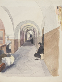 Lowit, Mr. Leo, Women and luggage in endless arched corridor by Leo Lowit, 1943