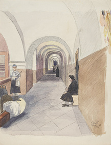 Lowit, Mr. Leo, Women and luggage in endless arched corridor by Leo Lowit, 1943, 1943
