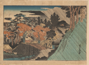 Print, SADANOBU, Hasegawa, Temple Entrance at Toganoo in the Rain (Toganoo monzen uchû), from the series Famous Places in the Capital (Miyako meisho no uchi), 1870-71
