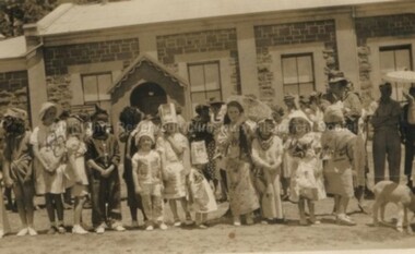 Photograph (Item), "B/W Photo Boxing Day Picnic Parade, Outside Town Hall", Malmsbury c1920