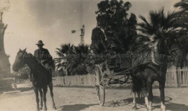 Photograph (Item), "B/W Photo Of Man On Horse And Man In Horse & Cart, Location?", Malmsbury c1920