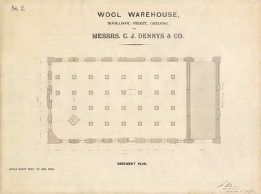 Architectural Plan, Wool Warehouse, Moorabool St, Geelong for Messrs C.J. Dennys & Co., Basement Plan No. 2