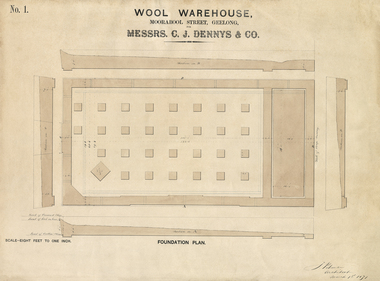 Plan - Architectural Plan, Wool Warehouse, Moorabool St, Geelong for Messrs C.J. Dennys & Co., Foundation Plan No. 1