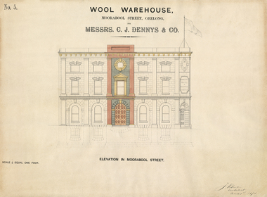 Architectural Plan, Wool Warehouse, Moorabool St, Geelong for Messrs C.J. Dennys & Co., Plan Elevation in Moorabool Street