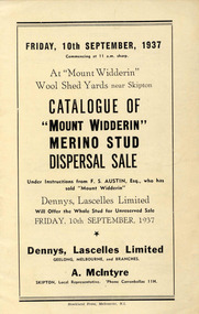 Booklet, Catalogue of Mount Widderin Merino Stud Dispersal Sale, 10 Sept. 1937
