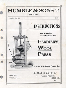 Pamphlet, Instructions for Erecting and Working the Ferrier's Wool Press