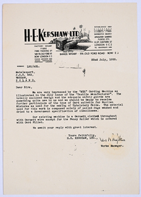 Letter - Regarding the "MEX" Carding Machine, H.E. Kershaw Ltd, 1955