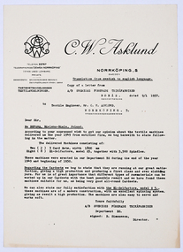Letter - Re Befama, Bielsko-Biala, Poland, A/B Sveriges Fðrenade Trikafabriker, 1957