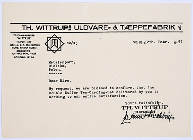 Letter - Reg: Double Duffer Two-Carding-Set Machine, Th. Wittrup, Uldvare and Taeppefabrik, 1957