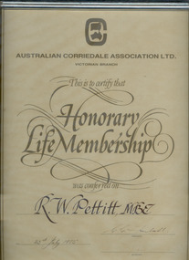 Certificate, Australian Corriedale Association Honorary Life Membership