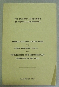 Booklet, Federal Award Rates and Ready Reckoner Tables and Woolclassers and shearing staff employees award rates