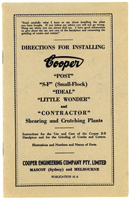 Booklet, Directions for installing Cooper "Post" " S-F (Small Flock) "Ideal" "Little Wonder" and "Contractor" Shearing and Crutching Plants