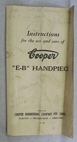 Booklet, Instructions for the use and care of Cooper "E-B" Handpiece