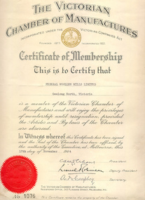 Certificate, The Victorian Chamber of Manufacturers: Certificate of Membership