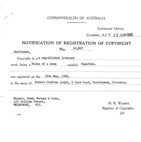 Certificate, Notification of Registration of Copyright