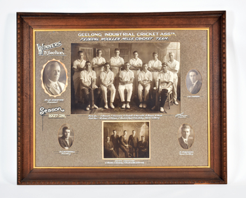 Four individual and two group portraits of white men with hand written white captions in a brown frame