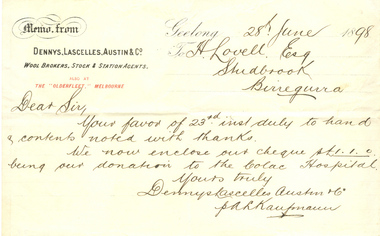 Memorandum, [Memo (1898) from Dennys Lascelles Austin & Co to H Lovell esq]