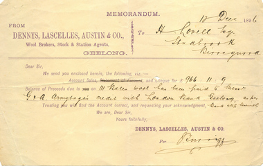 Memorandum, [Memo (1896) from Dennys Lascelles Austin & Co to H Lovell esq, Studbrook, Birregurra]