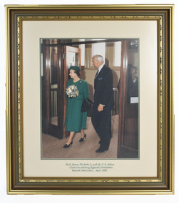 Photograph, HM Queen Elizabeth 11 and Mr C K Atkins, Chairman Geelong Regional Commission, National Wool Centre, April 1988