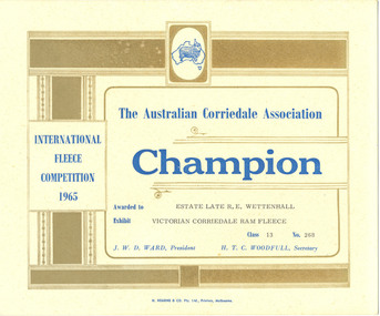Certificate, The Australian Corriedale Association: Champion - International Fleece Competition 1965