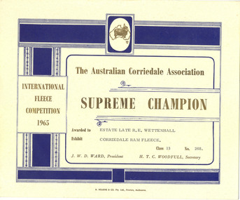 Certificate, The Australian Corriedale Association: Supreme Champion - International Fleece Competition 1965