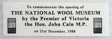 Memorabilia - Commemorative Sash, Opening of National Wool Museum, National Wool Museum, 1988