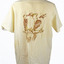 back view of a cream coloured shirt with a pair of brown kookaburras printed on the back