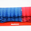 side view of a blue and red coloured paper lantern unfolded resting on a red card