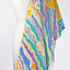 front view of a vibrant coloured scarf draped over a mannequin, colours include turquoise, purple, yellow, blue and orange.