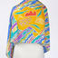 rear view of a vibrant coloured scarf draped over a mannequin, colours include turquoise, purple, yellow, blue and orange.