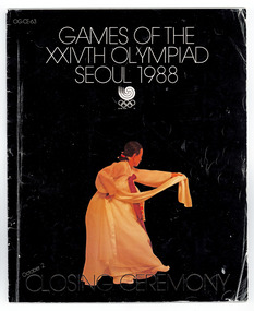 front cover of booklet showing white text and image of a Korean woman posed in traditional costume on a black background