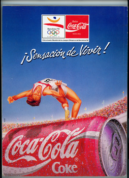 back view of programme with graphic image of an athlete high jumping over an oversized can of coca-cola on a blue background
