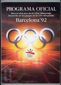 front view of programme showing text, olympic rings and logo on a red and orange image of the sun