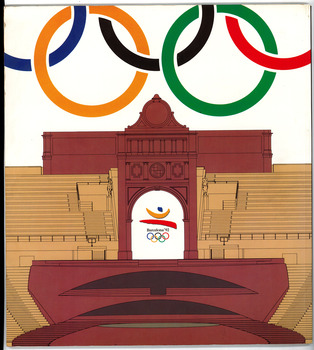graphic showing stadium entrance and seating in maroon and brown, with olympic logo central and olympic rings at top