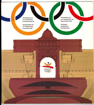 graphic showing stadium entrance and seating in maroon and brown, logo central with olympic rings at the top with black text inside rings