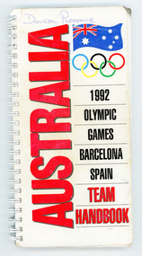 white background with red and black graphic text, olympic rigs and Australian flag in top right corner, owners name handwritten in blue pen at top