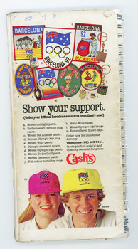 white background with black text, portrait of a white woman wearing a pink cap and white man wearing a yellow cap at bottom of page, graphic of Barcelona Olympic badges above including images of olympic logo, bull fighting, olympic torch, koala and spanish dancing