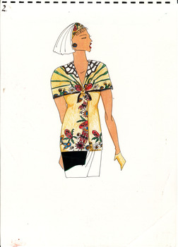 hand drawn image of a white woman wearing a shirt, skirt, gloves, shawl and headscarf with native botanical prints on a yellow background 