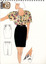 hand drawn image of a white woman wearing a black skirt and a blouse with native botanical prints on a yellow background. line drawings of back and front of skirt, and footwear included, with a brown and black symbol in top left corner