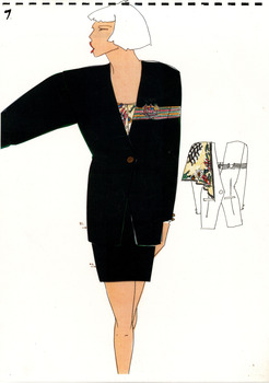 hand drawn image of a white woman wearing a black skirt, black blazer, with a line drawing to the right of the blazer, with scarf showing native botanical prints on a yellow background