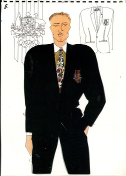 hand drawn image of a white man wearing black pants, black jacket, shirt and tie. line drawings of Australian coat of arms and suit jacket above