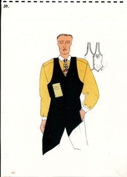 hand drawn image of a white man wearing black pants, black vest and mustard shirt and tie with native botanical print. line drawing showing vest detail on right hand side
