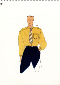 hand drawn image of a white man wearing black pants, mustard shirt and tie with striped print