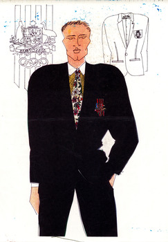 hand drawn image of a white man wearing black pants, black jacket, shirt and tie with native botanical print. line drawings of the Australian coat of arms with olympic rings, and detail of jacket at top of page