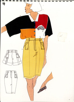 hand drawn image of white woman wearing yellow shorts and a black, white, orange and red blouse. line drawings showing details of shorts and shoes surround the figure